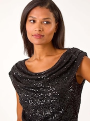 Roman Black Sequin Cowl Neck Stretch Midi Dress - Image 4 of 5