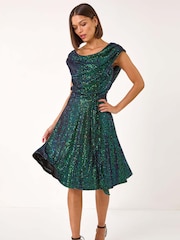 Roman Green Sequin Cowl Neck Stretch Midi Dress - Image 2 of 5
