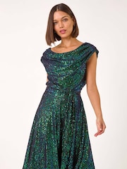 Roman Green Sequin Cowl Neck Stretch Midi Dress - Image 4 of 5