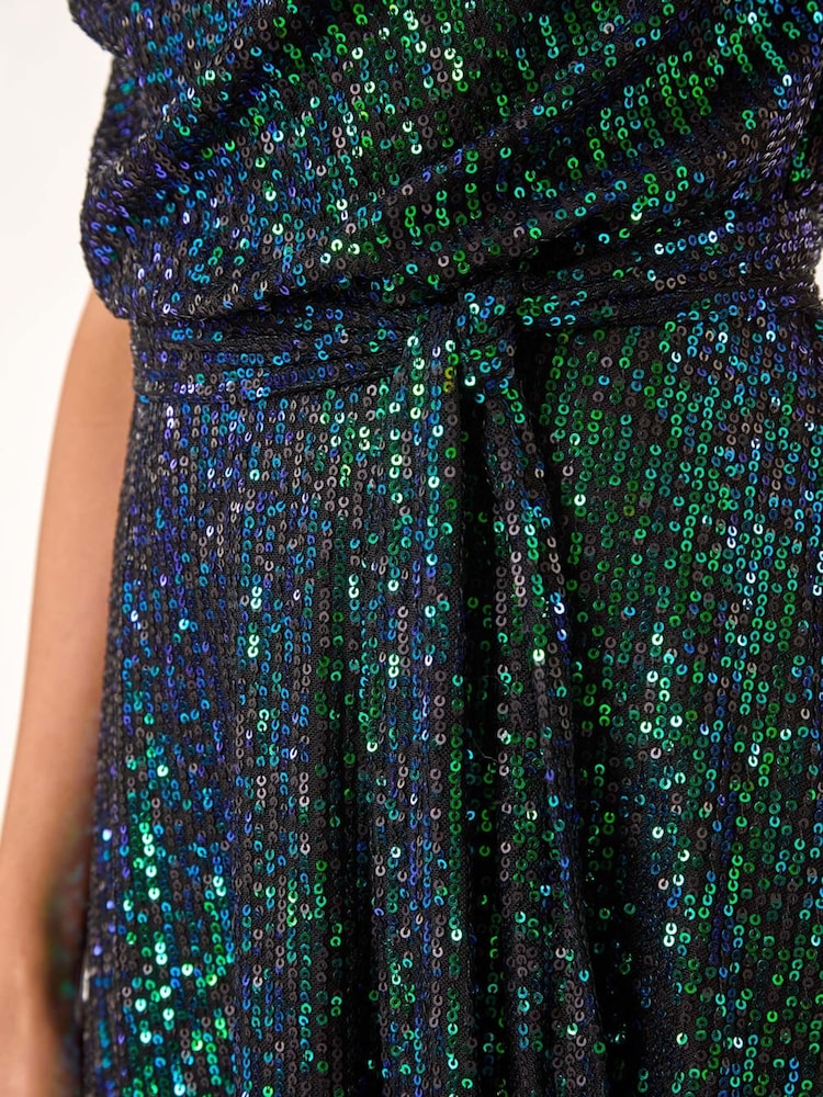 Roman Green Sequin Cowl Neck Stretch Midi Dress - Image 5 of 5