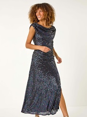 Roman Purple Sequin Cowl Neck Maxi Stretch Dress - Image 2 of 5