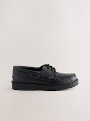 Black Leather Chunky Cleated Boat School Shoe - Image 2 of 5