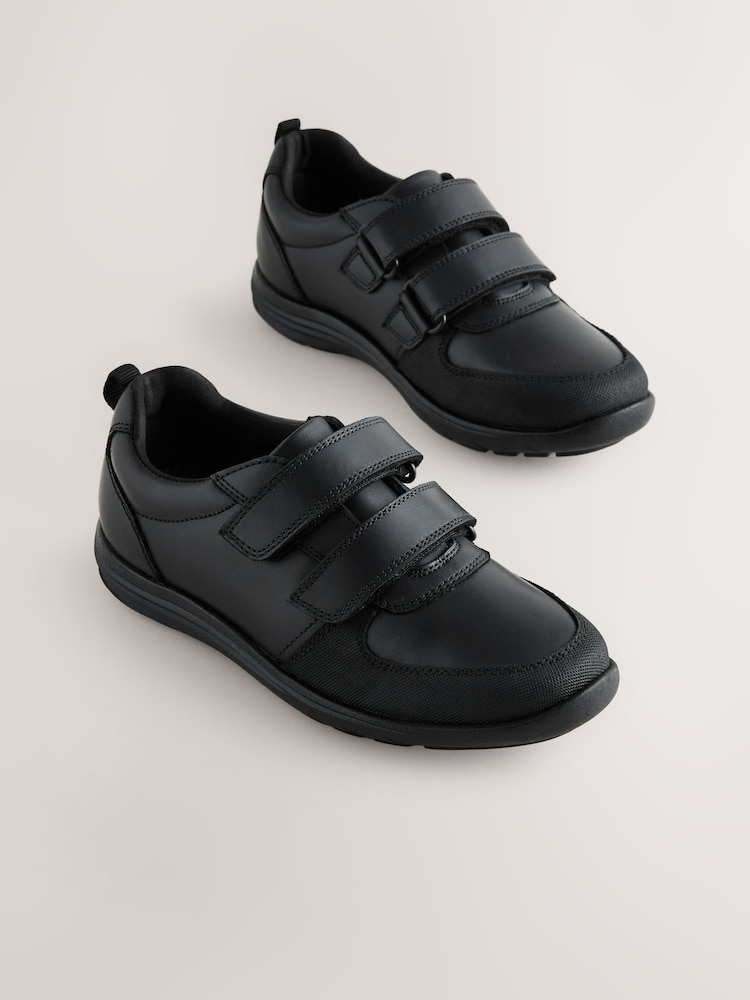 Black Standard Fit (F) Leather 2 Strap Touch Fastening School Shoes - Image 1 of 5