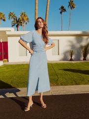 Friends Like These Pale Blue Ruched Front Puff Sleeve Midi Dress - Image 1 of 5