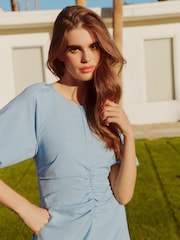 Friends Like These Pale Blue Ruched Front Puff Sleeve Midi Dress - Image 2 of 5