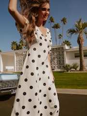 Friends Like These White Spot V-Neck Satin Puff Sleeve Midi Dress - Image 2 of 5