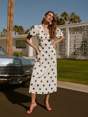 Friends Like These White Spot V-Neck Satin Puff Sleeve Midi Dress - Image 4 of 5