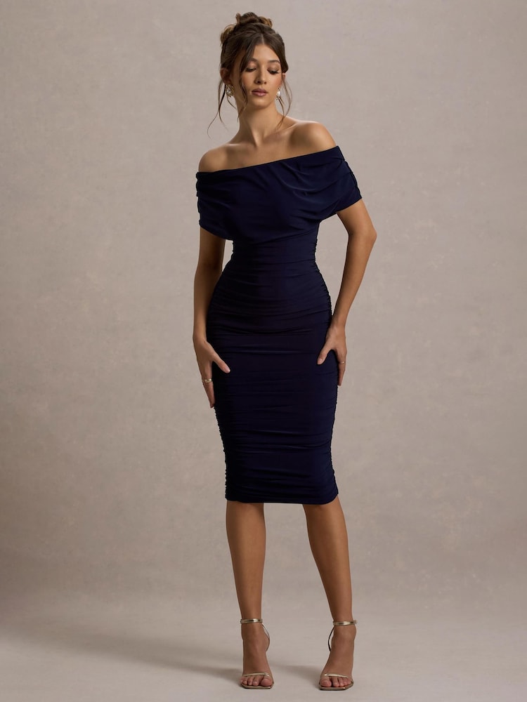 Club L London Blue Rayleigh Bardot Ruched Midi Dress - Image 3 of 7