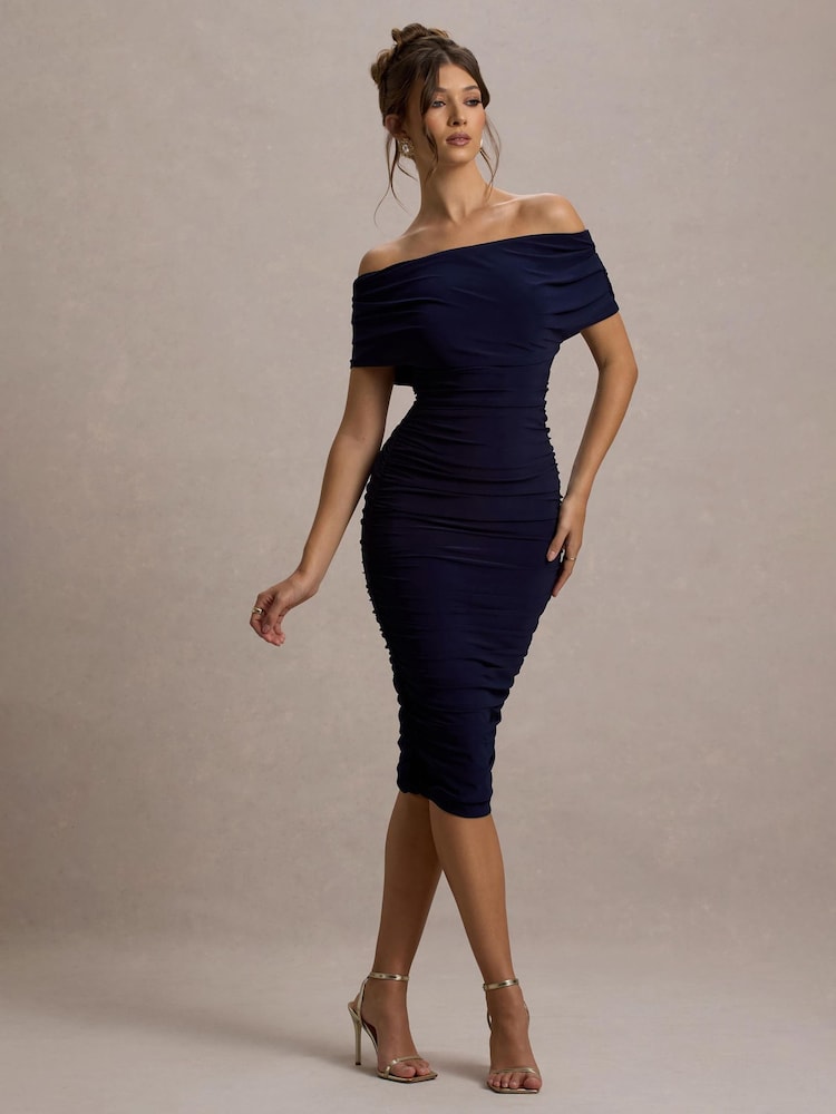 Club L London Blue Rayleigh Bardot Ruched Midi Dress - Image 4 of 7