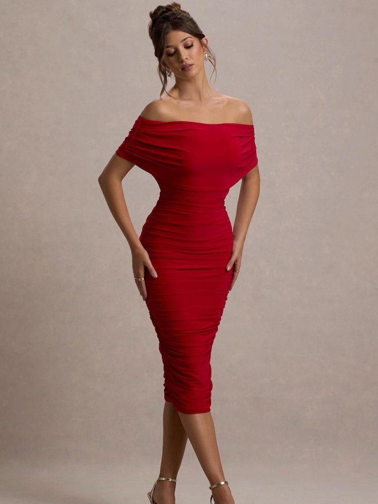 Rot - Club L London – Rayleigh – Bardot-Midi-Kleid mit Rüschen - Bild 1 von 6