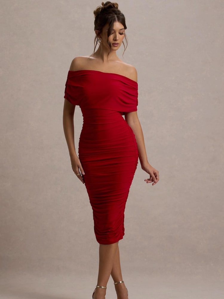 Club L London Red Rayleigh Bardot Ruched Midi Dress - Image 4 of 6