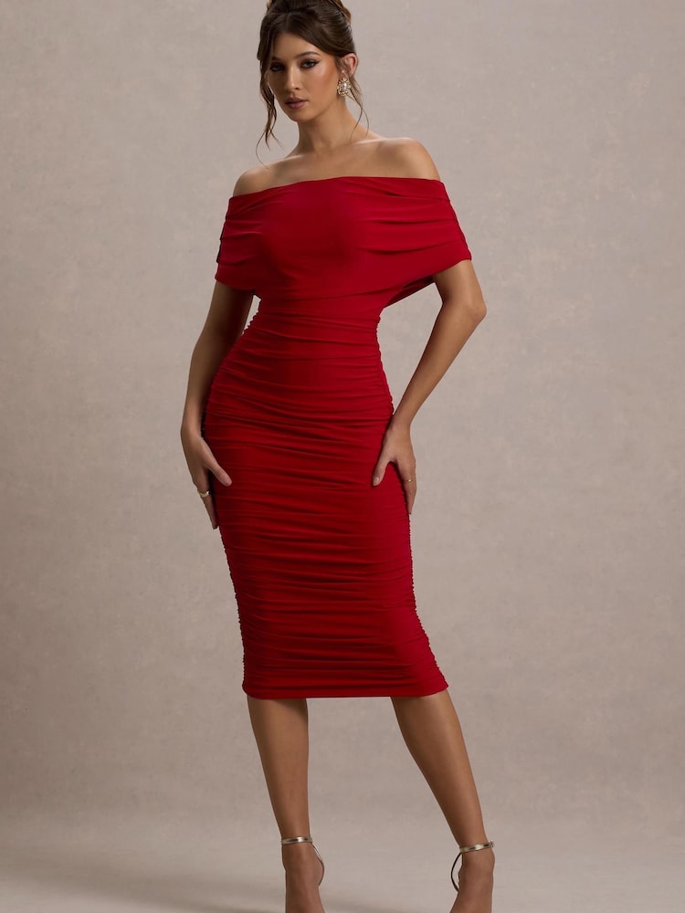 Club L London Red Rayleigh Bardot Ruched Midi Dress - Image 5 of 6