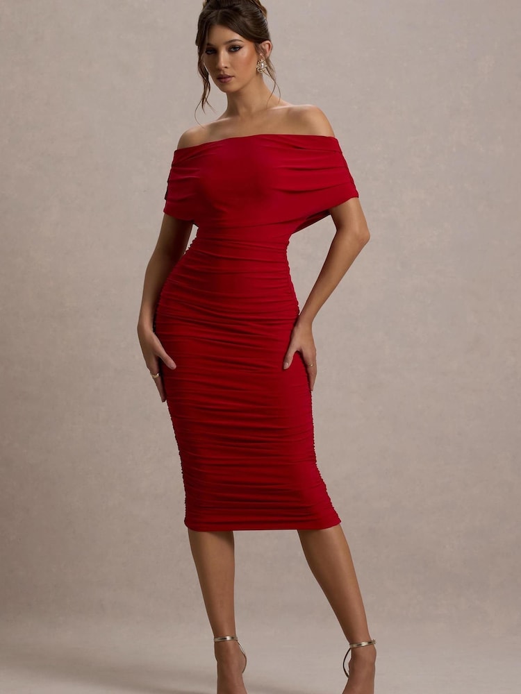Rot - Club L London – Rayleigh – Bardot-Midi-Kleid mit Rüschen - Bild 6 von 6