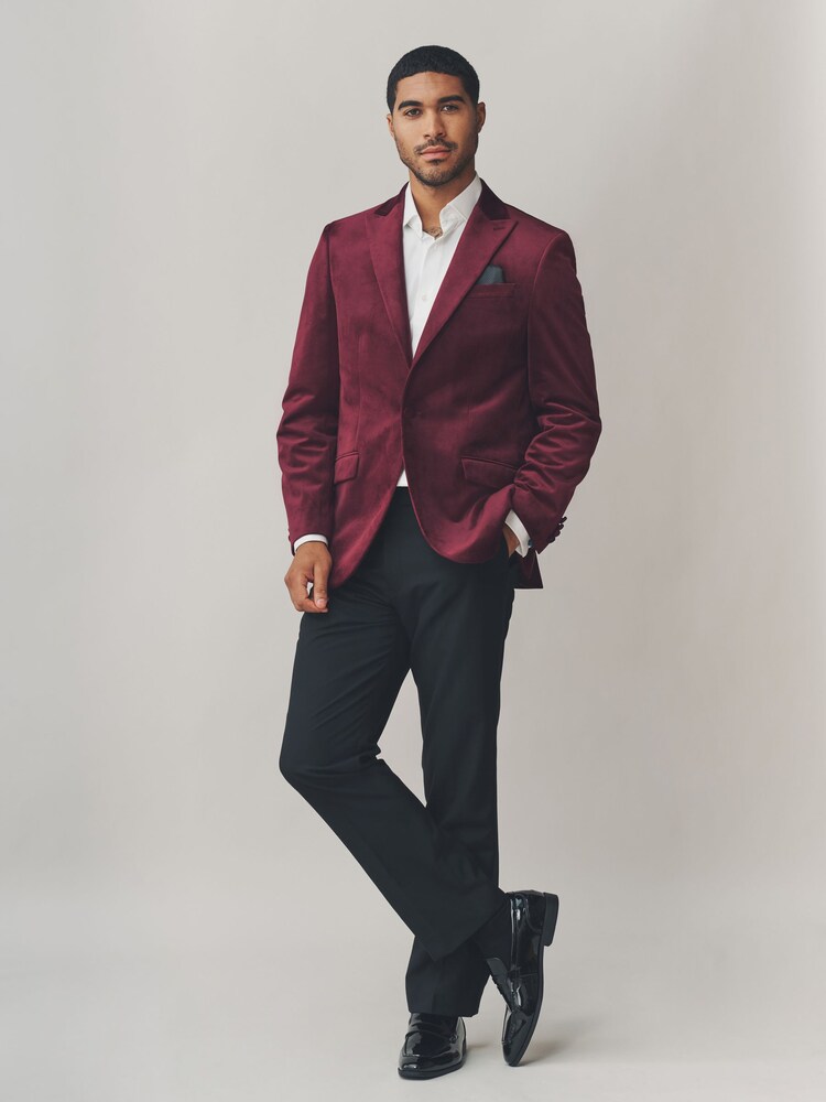 Burgundy Red Regular Fit Self Lapel Velvet Blazer - Image 2 of 5