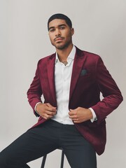 Burgundy Red Regular Fit Self Lapel Velvet Blazer - Image 4 of 5