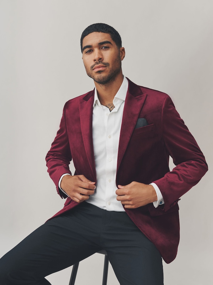 Buy Burgundy Red Regular Fit Self Lapel Velvet Blazer from Next