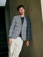 Light Grey Slim Fit Textured Check Blazer With Wool - Image 1 of 7