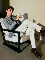 Light Grey Slim Fit Textured Check Blazer With Wool - Image 2 of 7