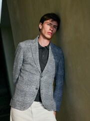 Light Grey Slim Fit Textured Check Blazer With Wool - Image 3 of 7