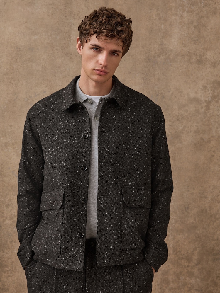 Grey Textured Herringbone Shacket With Wool - Image 1 of 13