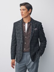 Navy Blue Slim Fit Textured Check Blazer With Wool - Image 1 of 10
