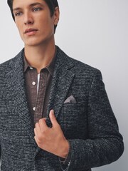 Navy Blue Slim Fit Textured Check Blazer With Wool - Image 2 of 10