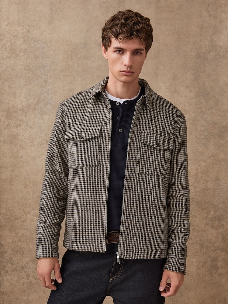 Grey Smart Textured Dogtooth Jacket With Chest Pockets - Image 1 of 11