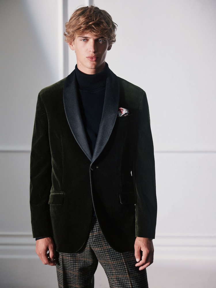 Green Regular Fit Signature Pontoglio Italian Velvet Blazer With Shawl Lapel - Image 1 of 6 Green Regular Fit Signature Pontoglio Italian Velvet Blazer With Shawl Lapel - Image 1 of 6