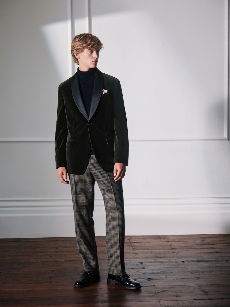 Green Regular Fit Signature Pontoglio Italian Velvet Blazer With Shawl Lapel - Image 2 of 6 Green Regular Fit Signature Pontoglio Italian Velvet Blazer With Shawl Lapel - Image 2 of 6