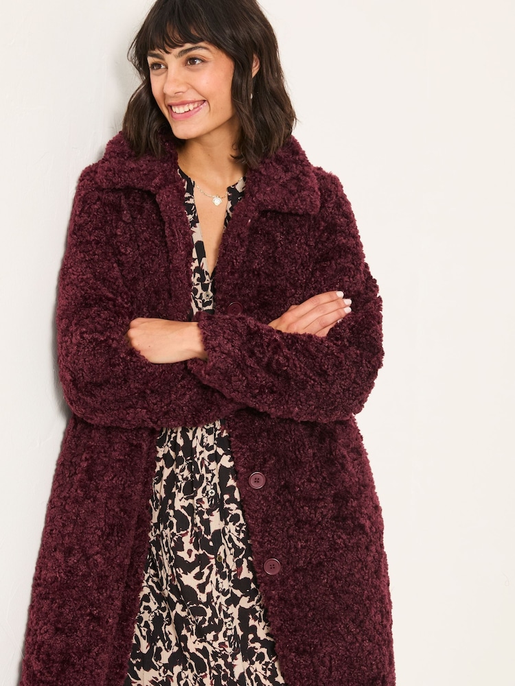 FatFace Bianca Plum Purple Longline Teddy Coat - Image 3 of 5