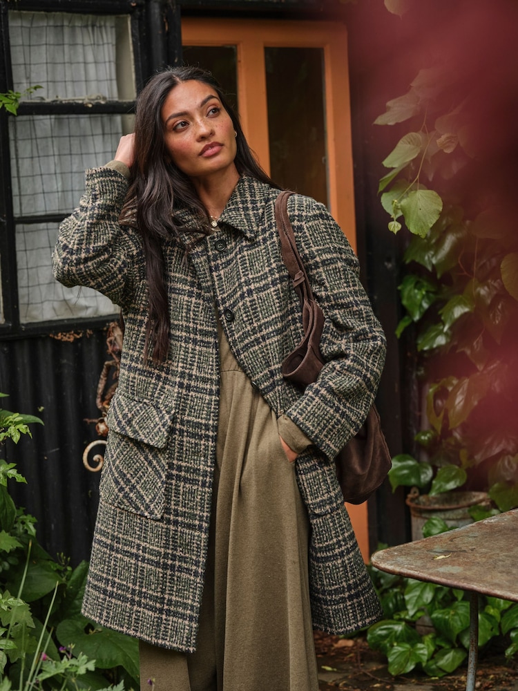 FatFace Jade Green Check Coat - Image 1 of 7