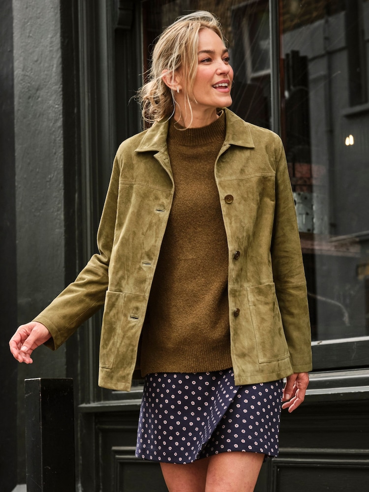 FatFace Erin Olive Green Suede Jacket - Image 1 of 7 FatFace Erin Olive Green Suede Jacket - Image 1 of 7