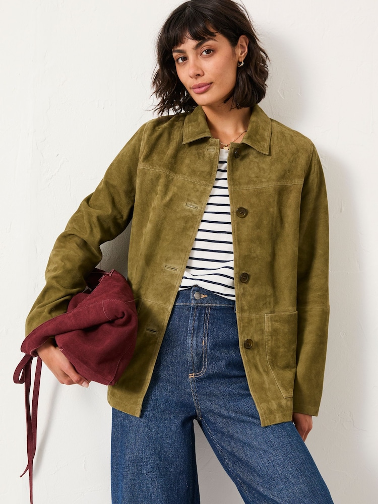 FatFace Erin Olive Green Suede Jacket - Image 2 of 7 FatFace Erin Olive Green Suede Jacket - Image 2 of 7