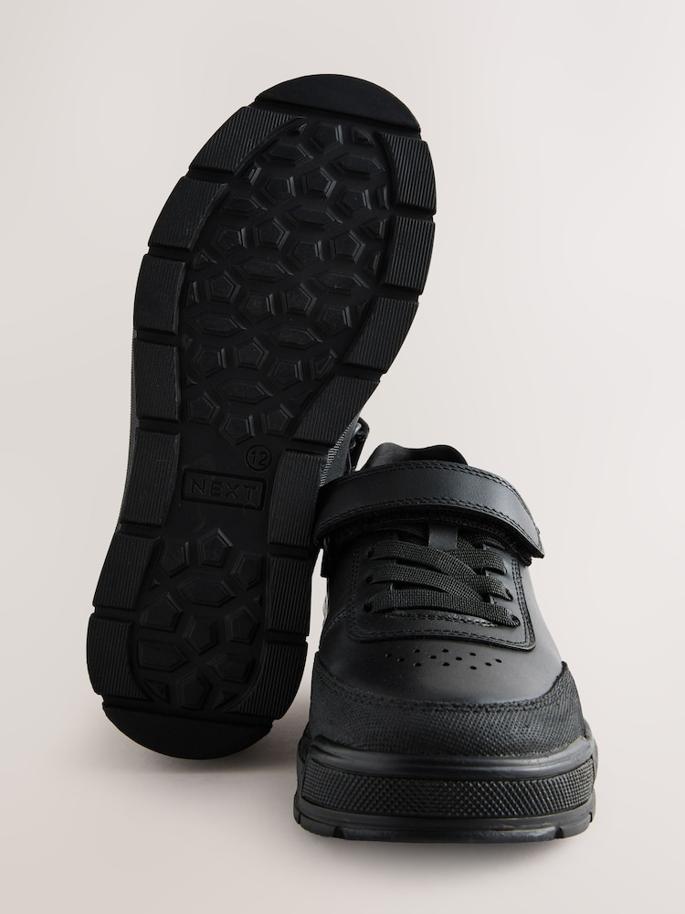 Black Leather 1 Strap Elastic Lace School Shoes - Image 5 of 5