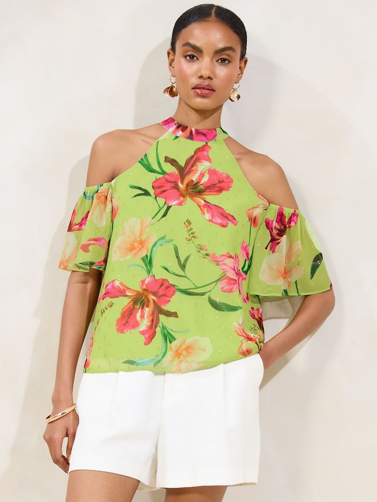 Lipsy Green Floral Printed Cold Shoulder Top - Image 1 of 4 Lipsy Green Floral Printed Cold Shoulder Top - Image 1 of 4