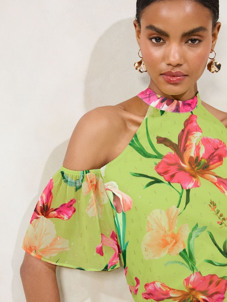 Lipsy Green Floral Printed Cold Shoulder Top - Image 2 of 4 Lipsy Green Floral Printed Cold Shoulder Top - Image 2 of 4