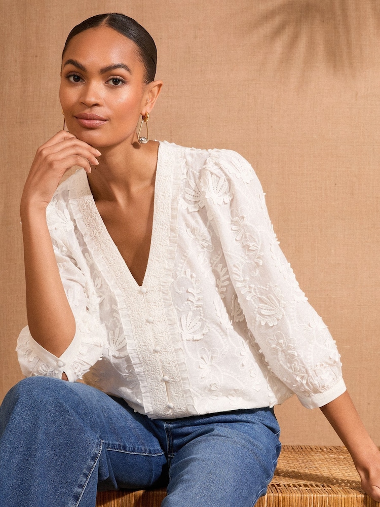 Love & Roses Ivory Petite 100% Cotton 3D Floral 3/4 Sleeve V-Neckline Blouse - Image 1 of 4