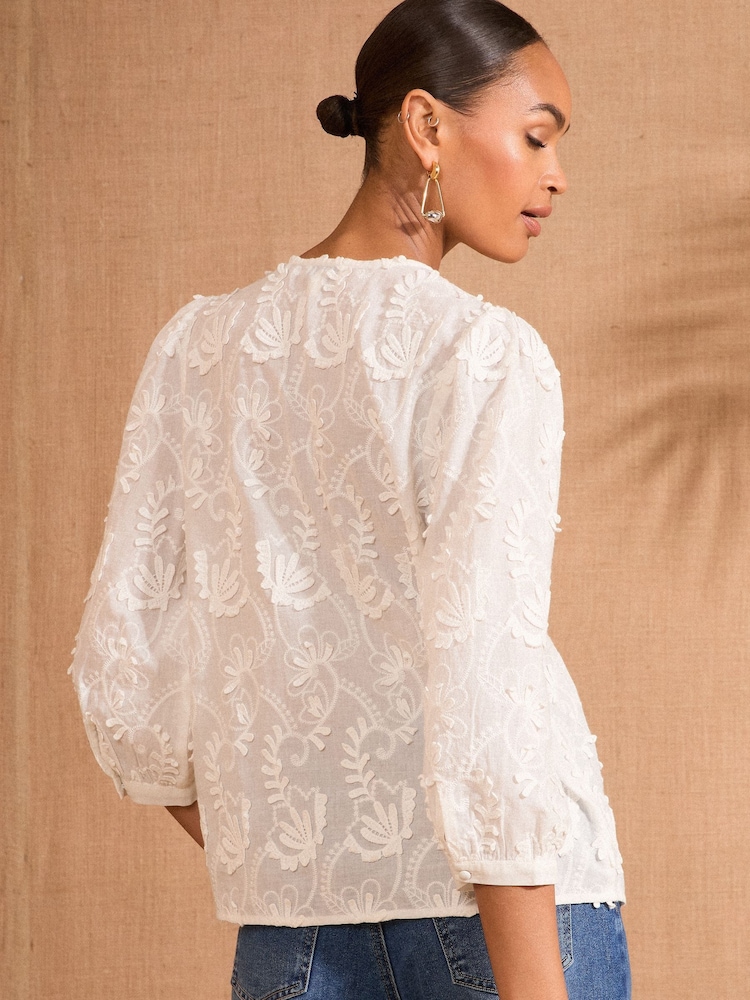 Love & Roses Ivory Petite 100% Cotton 3D Floral 3/4 Sleeve V-Neckline Blouse - Image 4 of 4