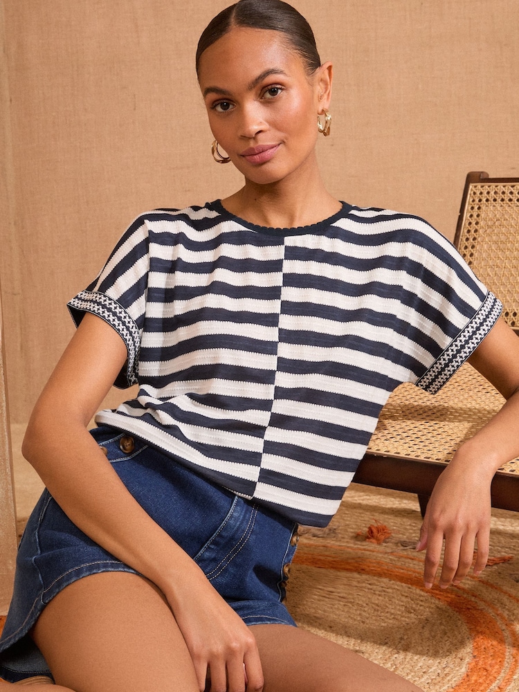 Love & Roses Navy and White Stripe Crochet Trim Petite Crew Neck Jersey T-Shirt - Image 1 of 4