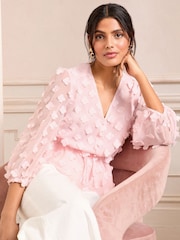 Rosa rubor - Love & Roses V-Neck Tie Detail 3/4 Sleeve Peplum Top - Imagen 1 de 4