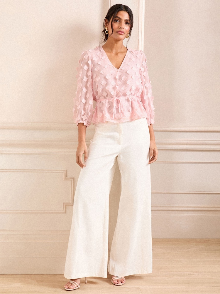 Love & Roses Blush Pink Petite V-Neck Tie Detail 3/4 Sleeve Peplum Top - Image 3 of 4