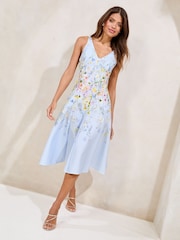 Blue Floral Petite Sleeveless Scuba Skater Midi Dress - Image 1 of 4
