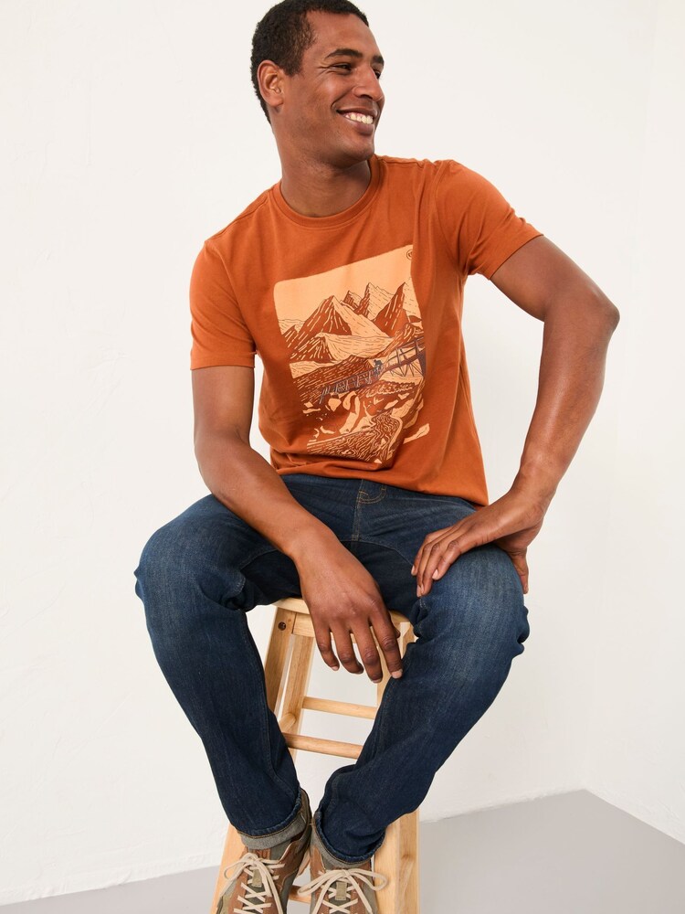 FatFace Burnt Orange Hiking Hills Graphic Tshirt - Image 1 of 3