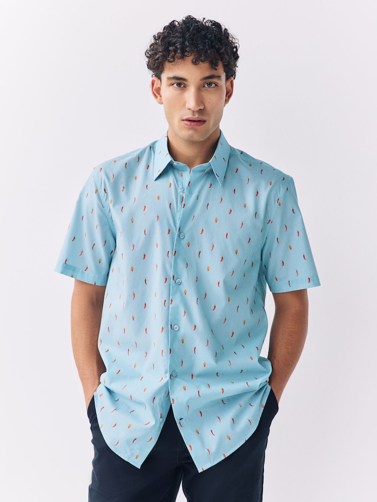 Light Blue Chilli Print Regular Fit Short Sleeve Shirt - Image 1 of 8 Light Blue Chilli Print Regular Fit Short Sleeve Shirt - Image 1 of 8