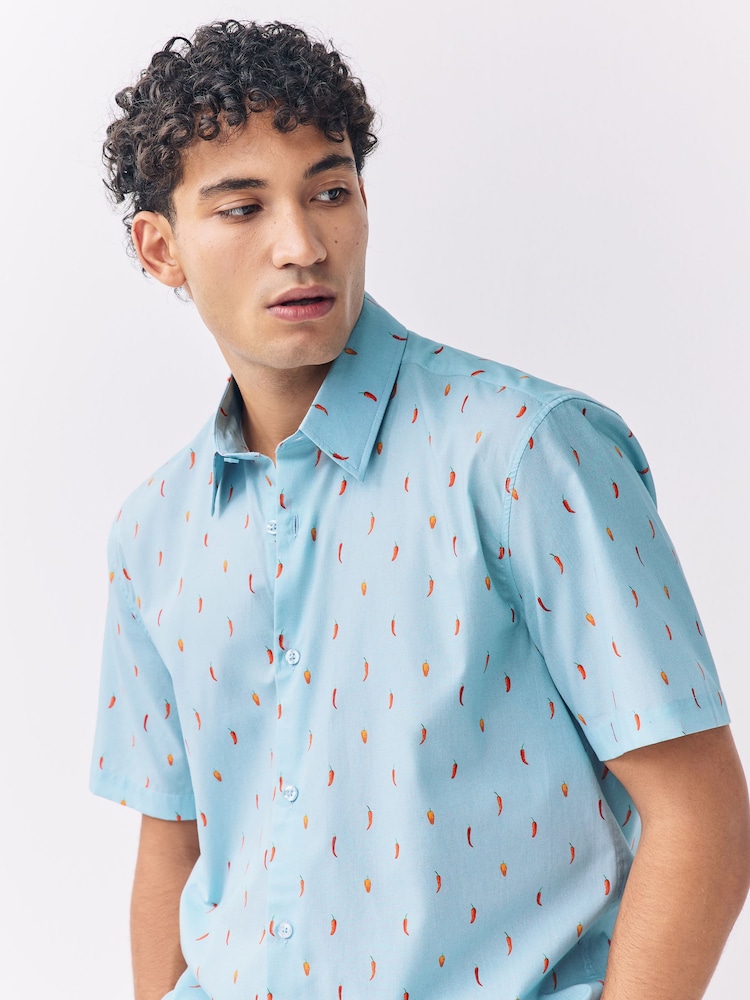 Light Blue Chilli Print Regular Fit Short Sleeve Shirt - Image 2 of 8 Light Blue Chilli Print Regular Fit Short Sleeve Shirt - Image 2 of 8