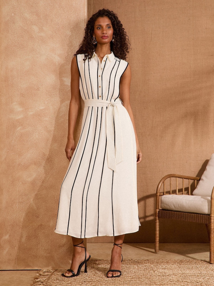 Love & Roses Ivory Petite Contrast Tipping Belted Midi Shirt Dress - Image 4 of 5