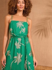 Love & Roses Green Palm Metallic Belted Midaxi Dress - Image 3 of 4