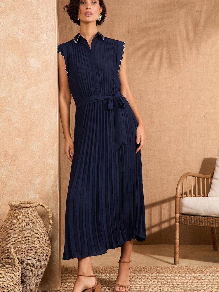Love & Roses Navy Pleated Tipped Scallop Midi Shirt Dress - Image 1 of 4