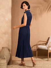 Love & Roses Navy Pleated Tipped Scallop Midi Shirt Dress - Image 3 of 4