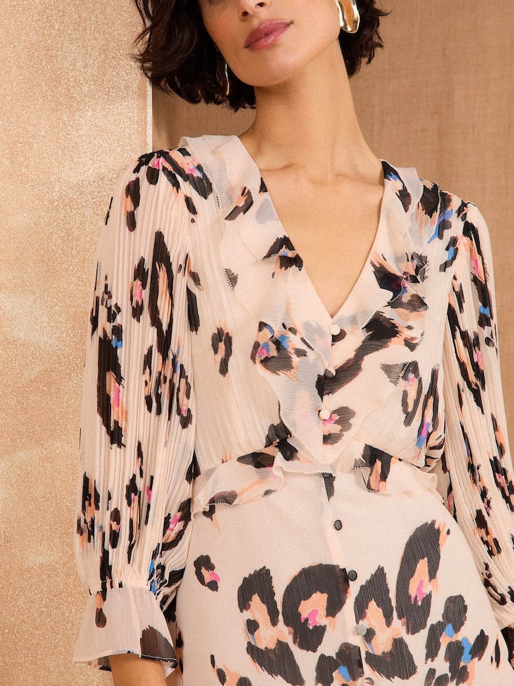 Love & Roses Neutral Animal Petite Pleated Ruffle Midi Dress - Image 2 of 4 Love & Roses Neutral Animal Petite Pleated Ruffle Midi Dress - Image 2 of 4